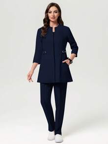 Scrubzie 2件套女士长袖衬衫和裤子/护理服 - 藏蓝色 - 查看 6