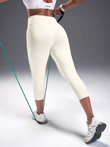 SHEIN Sports Quần legging thể thao nữ dài đến khuỷu tay, cạp cao, có túi, màu trơn, kiểu dáng thường ngày. - Màu be - Xem 2