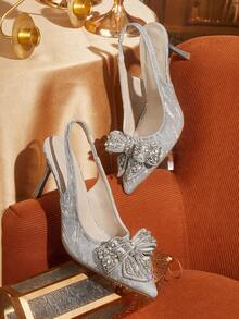 CUCCOO TILAWA Women's Fashion Pointed Toe Backless Strap Glitter Material Rhinestone Butterfly Sexy Evening Party Wedding Stiletto High Heel Pumps For Christmas - Silver - View 2