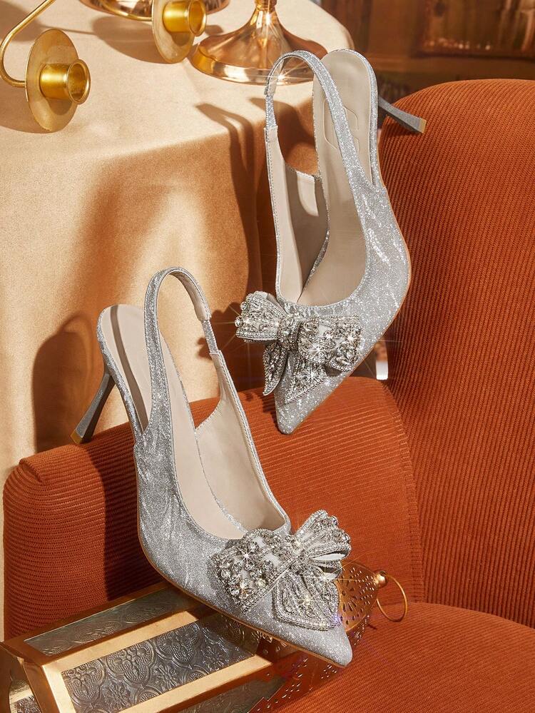 CUCCOO TILAWA Women's Fashion Pointed Toe Backless Strap Glitter Material Rhinestone Butterfly Sexy Evening Party Wedding Stiletto High Heel Pumps For Christmas