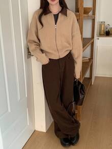 DAZY 女式 PU 拼色落肩休闲拉链针织开衫 秋冬款 - 卡其色 - 查看 7