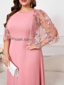 Ellevyn 大码女式圆领蕾丝拼接优雅长裙，夏季 - 粉色 - 查看 2