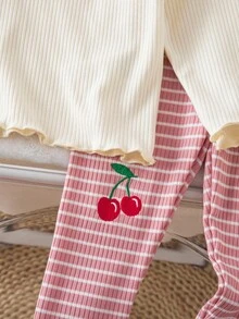 2pcs Baby Girl Autumn/Winter Round Neck Flutter Sleeve Ribbed Knit Top + Pink Ribbed Pants With Cherry Embroidery, Casual Cute Matching Set Fall - Multicolor - View 4
