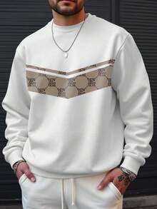 Manfinity Homme 男士长袖印花拼接套头卫衣，秋冬季男士礼物/男友礼物，秋季长袖上衣，舒适秋冬款式 - 彩色 - 查看 1