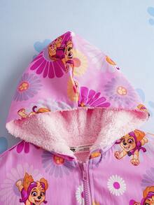 SHEIN | PAW Patrol 少女可爱卡通花卉和粉色小狗全身印花宽松落肩拉链羊毛夹克，秋冬 - 粉色 - 查看 6