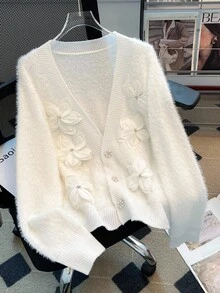 Regalyn Plus Size 3D Floral Rhinestone Fuzzy Cardigan, Soft & Cozy Knit Outerwear