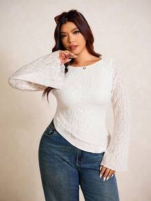 Elaquor Women Plus Size Asymmetric Hem Solid Color Long Sleeve T-Shirt, Minimalist Spring - White - View 5