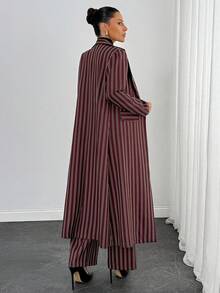 SHEIN 2pcs Women's Striped Regular-Shoulder Long Sleeve Fashionable Long Overcoat & Pants Set - Red - View 2