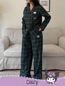 DAZY HELLO KITTY AND FRIENDS | SHEIN 女士格子卡通图案宽松上衣和裤子睡衣套装，秋冬服装 - 綠色 - 查看 6