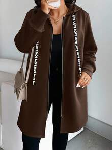 Áo khoác hoodie dài tay dáng rộng thoải mái có khóa kéo cho nữ, cỡ lớn - Cà phê nâu - Xem 3