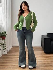 Dazy Plus Áo len cardigan ngắn cổ chữ V thời trang thường ngày cỡ lớn dành cho nữ, mùa xuân/thu - màu xanh lá - Xem 4