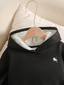 SHEIN 女童纯黑色休闲宽松版型保暖长袖卫衣，秋冬季款 - 黑色 - 查看 4