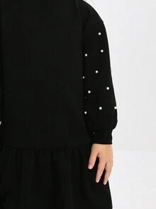 Maija Kids Maija Kids Young Girls' Fashion Pearl Beaded Lantern Sleeve Dress,Black,Autumn,7th Birthday Unique Design Long Sleeve Short Christmas Dress For Fall Winter - Black - View 4