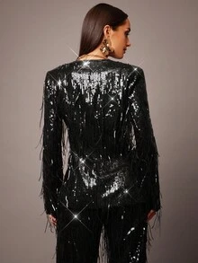 Silquee 秋冬季女士纯色性感V领前扣高级流苏亮片面料钻石纽扣时尚西装外套，黑色流苏亮片西装外套，优雅时尚，适合派对、聚会、约会、外出、女士婚礼宾客、婚礼宾客、女士生日、约会、万圣节等场合。