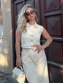 Jeta Ari Women's Single-Breasted Vest And Wide-Leg Jeans Suit Work Women Clothes - White - View 4