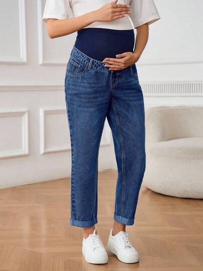 SHEIN Maternity High Waist Distressed Contrast Color Denim Jeans