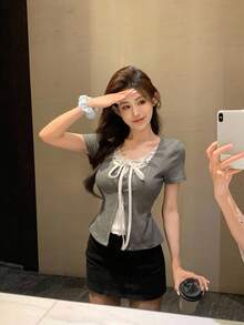 DAZY 女式夏季二合一荷叶边蝴蝶结短袖T恤