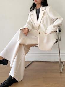 DAZY Women's Lapel Long Sleeve Blazer And Loose Straight Leg Pants Casual Suit Set Business Attire