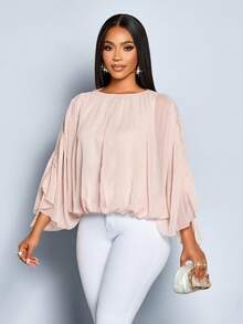 SOLERSUN 女士优雅纯色圆领抽绳蝙蝠袖衬衫 - 杏色 - 查看 3