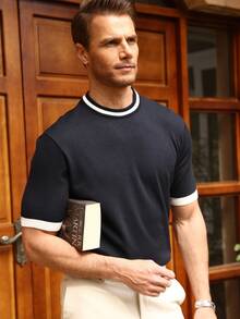 Manfinity Homme Plus Size Men's Solid Color Patchwork Round Neck Short Sleeve Casual Men's Fitted Knit Top Suitable For Everyday Wear - Navy Blue - View 1