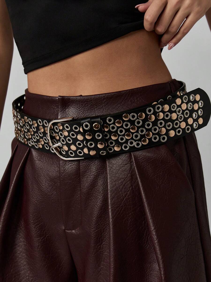 MISSGUIDED Curea lată cu inele argintii și știfturi metalice pentru femei, din piele premium, curea statement, accesoriu de modă punk rock