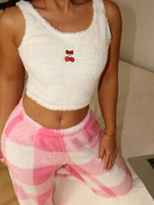 SHEIN 2pcs Women's Pink And White Striped Casual Plush Coral Fleece Checkered Cherry Bow Sleeveless Top And Pants Autumn Cute Modest Lounge Homewear Set - Multicolor - View 4
