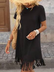 Brillora 素色流蘇下擺洋裝