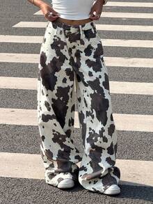 SHEIN 少女秋冬Y2K时尚都市街头酷炫风白色牛仔奶牛纹不对称腰带宽松牛仔裤，适合秋冬日常穿着、街头风、返校季、圣诞节和万圣节装扮。 - 彩色 - 查看 3