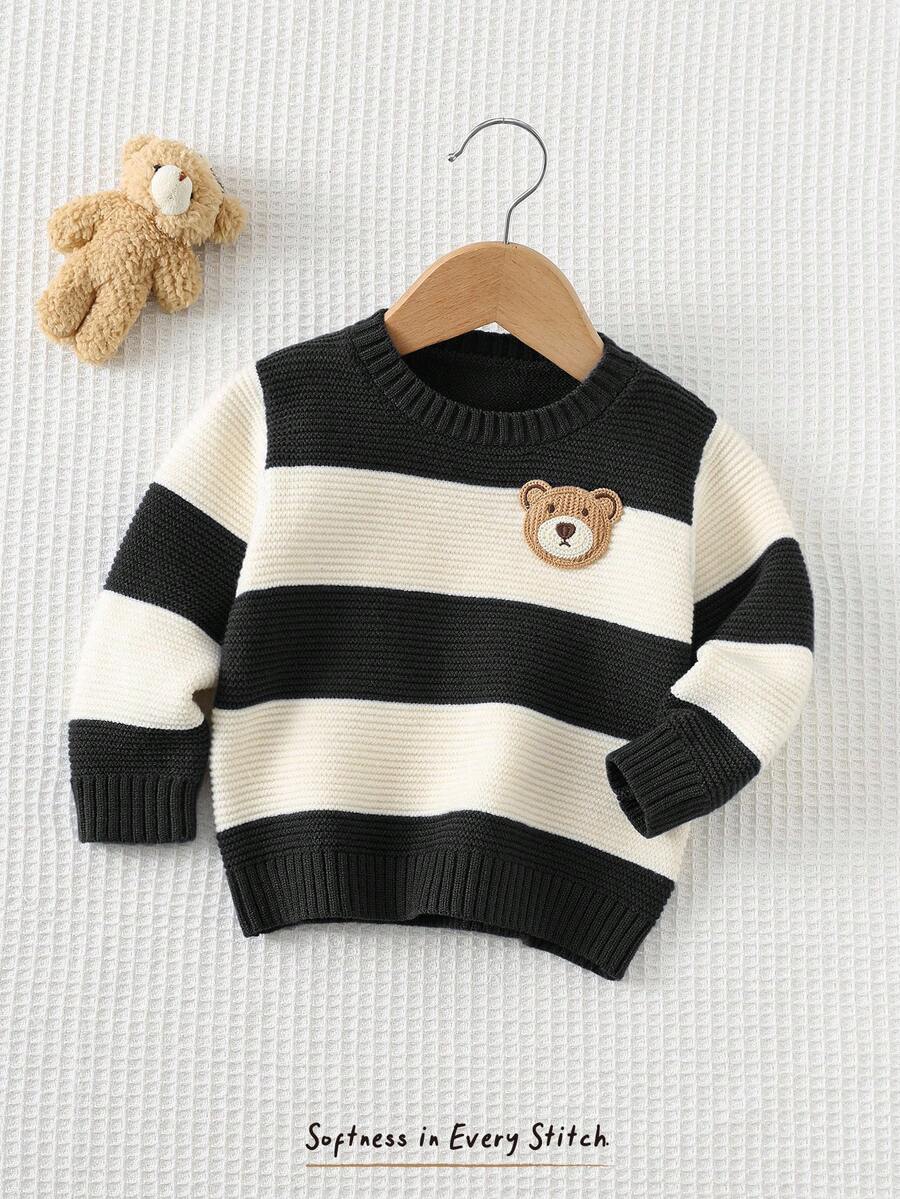 Cozy Pixies Baby Boy Cartoon Bear Striped Pattern Crew Neck Long Sleeve Sweater - Black and White - View 1