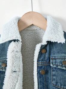 Young Girl' Blue Denim Fleece Lined Loose Fit Long Sleeve Short Jacket,Adding Fleece And Thickening For Warmth   Jacket Fall Winter