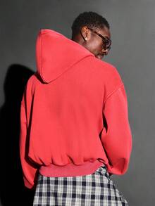 SUMWON Relaxed Fit Washed Cotton Pullover Hoodie With Drawstring Hood And Centre Pocket Street Style Casual Leisure Winter Fall Loungewear Plain - Red - View 2