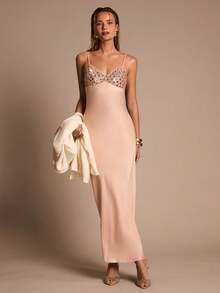 Glamine Women's Sequin Patchwork Color Block Dress, Elegant Party Gown - Champagne - View 3