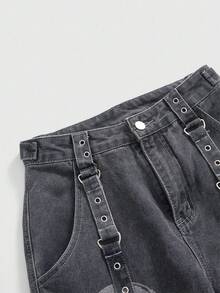 ROMWE Grunge Punk Jeans para mujer de estilo urbano con impresión de calavera, cinturón de cadena resistente con múltiples bolsillos y detalles de remaches - Negro - Ver 3