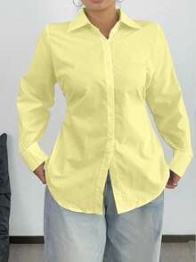 POPSWAY Plus Size Women's Solid Color Long Sleeve Single-Breasted Casual/Work Shirt - Yellow - View 1
