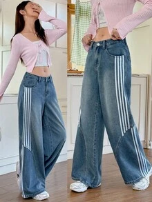 Rivivi Retro American Striped Wide Leg Jeans