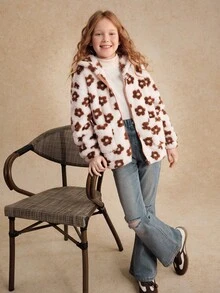 Tween Girl Floral Fuzzy Hooded Zip-Up Jacket, Autumn/Winter Fall - Baby Pink - View 4