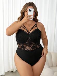 SHEIN CURVE+ 大码女式性感优雅蕾丝拼接紧身衣，适合日常穿着、商务、简约、通勤、优雅、休闲、购物、街头服饰、外出，易于搭配且看起来修身，凸显您的身材，修饰身材 - 黑色 - 查看 10
