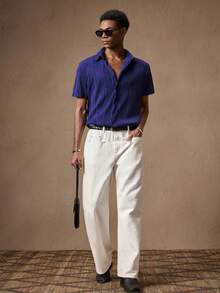 Manfinity VCAY Camisa Casual De Manga Corta De Punto De Moda De Color Sólido Para Hombres - Azul Marino - Ver 6