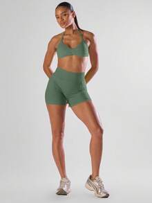 Musera Sport Solid Ruched Bust Open Back Halter Sports Bra, Active Comfy Workout Gym Running Run Club Gym Yoga Pilates Fitness Daily Casual - Army Green - View 3