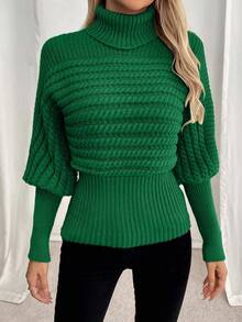 EMERY ROSE Turtleneck Cable Knit Loose Chic Oversized Slim Fit Pullover Sweater - Dark Green - View 6