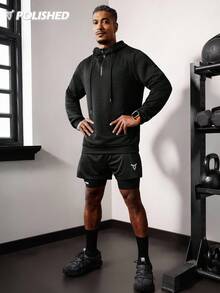 Manfinity Acti Log 男士休闲运动口袋抽绳拉链卫衣 - 黑色 - 查看 6