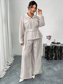 Firerie 2 件套女士亚麻质感条纹商务休闲西装套装，返校装，长袖上衣和裤子条纹套装，休闲通勤西装，度假装，春秋冬，优雅，通勤，休闲，日常，简约，工作装 - 杏色 - 查看 4