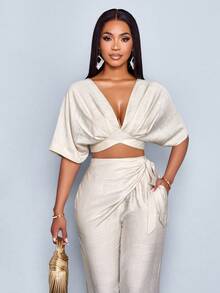 SOLERSUN Women's Boho Beach Linen Viscose Deep V Neck Backless Ruched Crop Tie Back Blouse,Suitable For Vacation