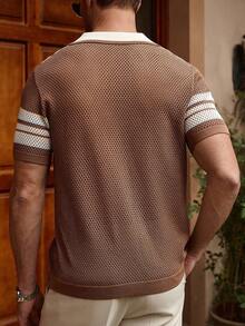 Manfinity CityGents Men's Front Button Short Sleeve Striped Casual Knit Top Beach Vacation - Multicolor - View 3