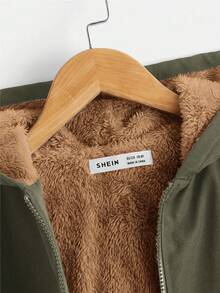 SHEIN Tween Boy 休闲保暖内衬拉链连帽夹克，秋冬保暖 - 軍綠色 - 查看 3