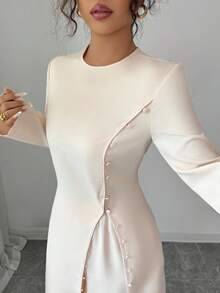 Elenzga Bộ 2 áo dài tay cài nút phía trước màu trơn và quần dài thanh lịch - Màu be - Xem 3