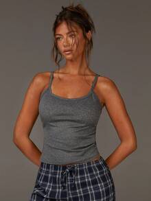 Athîral 女士两件套休闲露背撞色蕾丝紧身吊带背心和格子裤睡衣 - 深灰色 - 查看 2