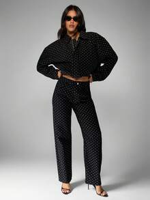 MISSGUIDED Áo khoác denim bomber cotton chấm bi thiết kế cổ điển cho mùa thu đông, in họa tiết toàn thân, phong cách cổ điển, dáng ngắn, dạo phố - màu đen - Xem 3