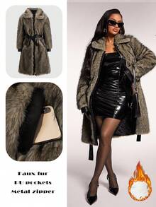 Radiana 女士棕色复古奢华蓬松长款大衣，秋冬高端时尚蓬松厚外套 - 棕色 - 查看 1