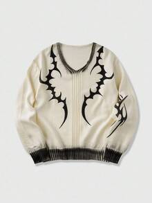 ROMWE MEN Street Life Men's Casual Gothic Graphic Pattern Colorblock V-Neck Pullover Sweater, Autumn/Winter - White - View 1